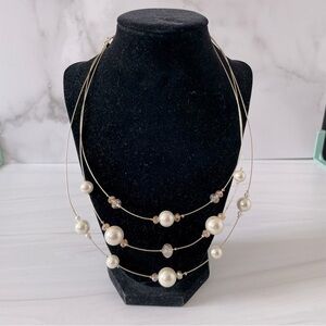 Three Strand Wired Pearl and Beaded Necklace- Gold- Costume Jewelry